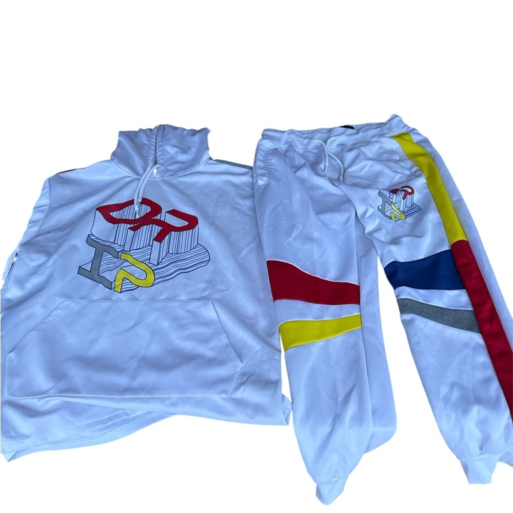 White Men's Jogger Set with Multicolor Stripe Details